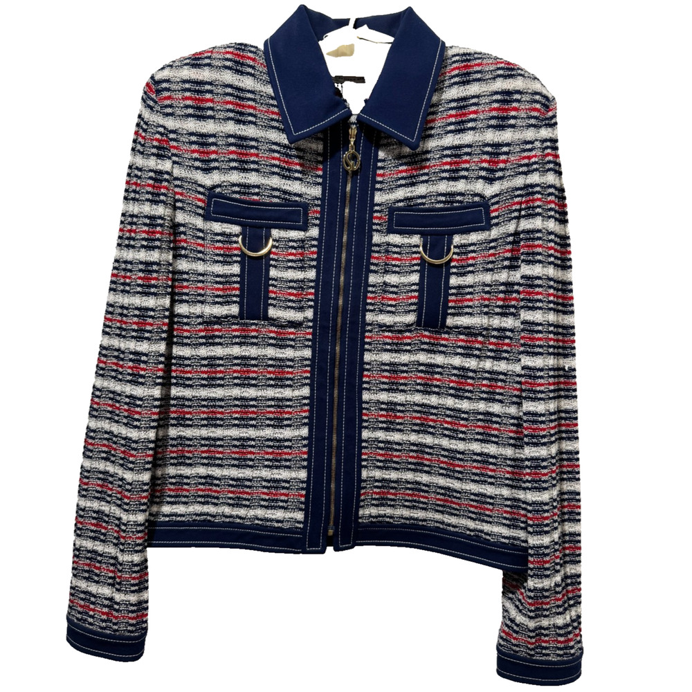 St John Sport Marie Gray Knit Cardigan Red White Blue Sz L Full Zip Jacket